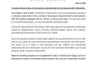 Media Release - Voluntary Recall Notice of Vancomycin Hydrochloride for Oral Solution USP 250mg-5mL