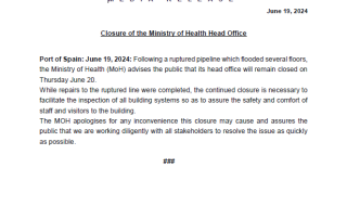 Closure of the Ministry of Health Head Office - Thursday 20th June