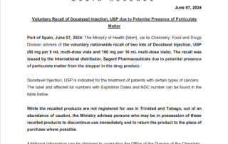 Voluntary Recall of Docetaxel Injection, USP due to Potential Presence of Particulate Matter