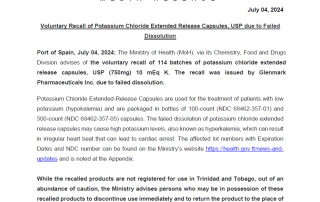 Voluntary Recall of Potassium Chloride Extended Release Capsules, USP due to Failed Dissolution