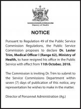 Notice - Resignation of Office, Dr. Lester Trim