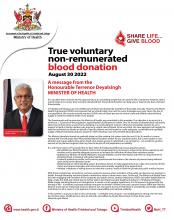 Message from the Honourable Terrence Deyalsingh, Minister of Health on Non-Remunerated Blood Donation